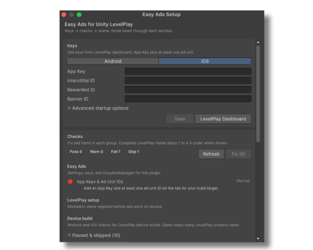 Easy Ads for Unity LevelPlay setup window